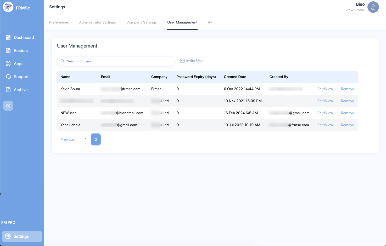 User Management Screen