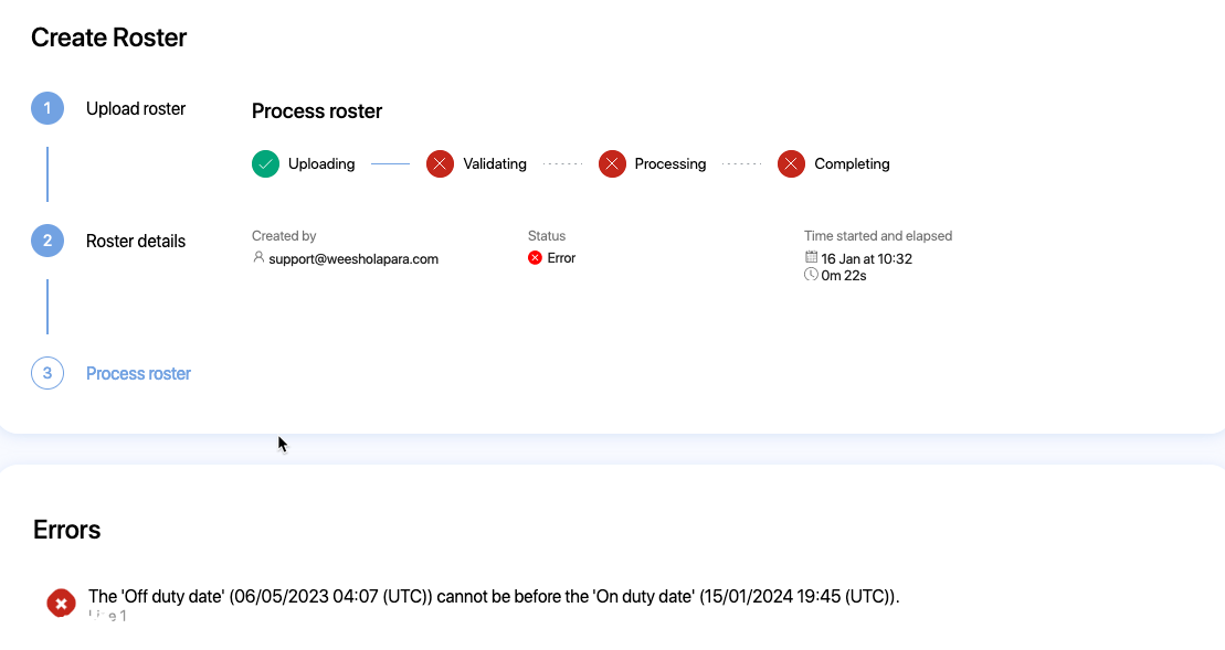 Warnings when attempting to upload ineligible duty data Errors when attempting to upload ineligible duty data