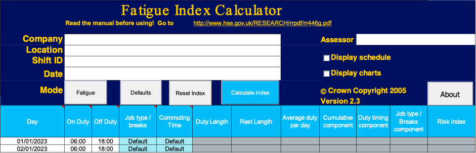 A screenshot of the Excel based FRI model