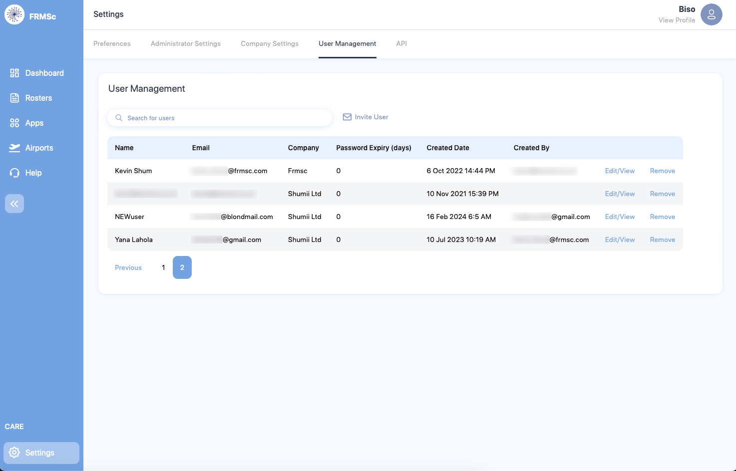 User Management Screen